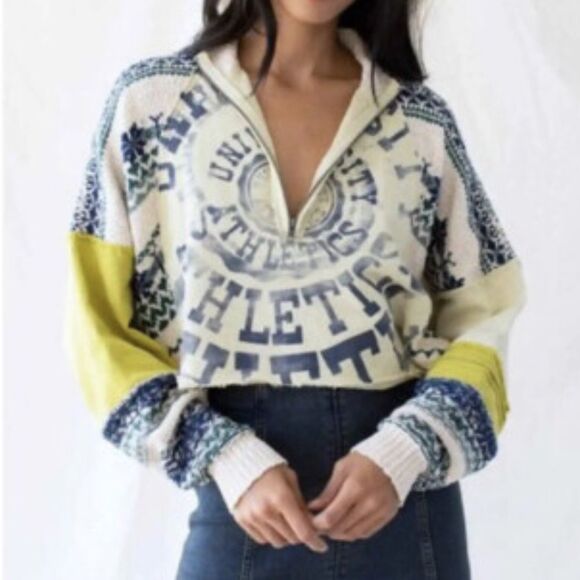 Free People Aspen Graphic Knit Half-Zip Pullover Sweatshirt- Mountain Combo - Picture 1 of 8